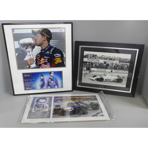 776 - Three motor racing autograph displays, Jack Brabham, John Watson and Sebastian Vettel, each with C.O... 