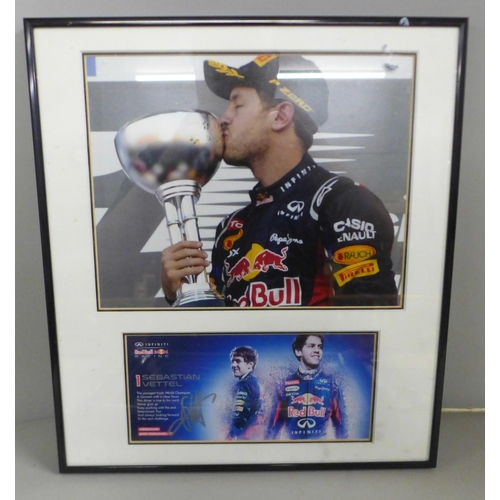 776 - Three motor racing autograph displays, Jack Brabham, John Watson and Sebastian Vettel, each with C.O... 