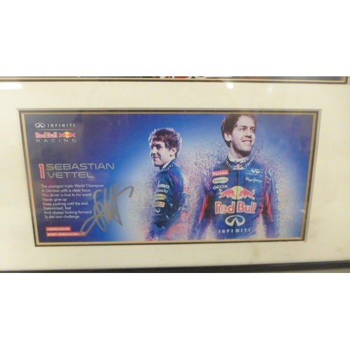 776 - Three motor racing autograph displays, Jack Brabham, John Watson and Sebastian Vettel, each with C.O... 