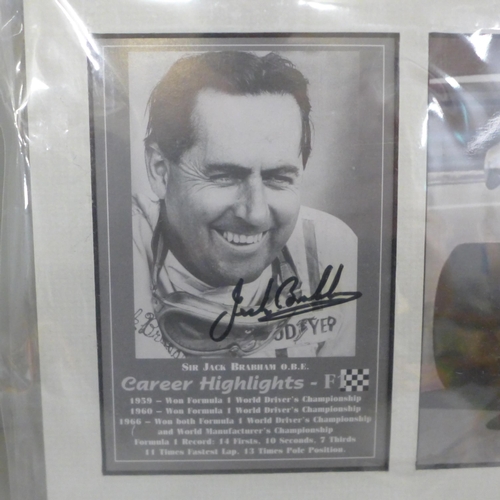 776 - Three motor racing autograph displays, Jack Brabham, John Watson and Sebastian Vettel, each with C.O... 