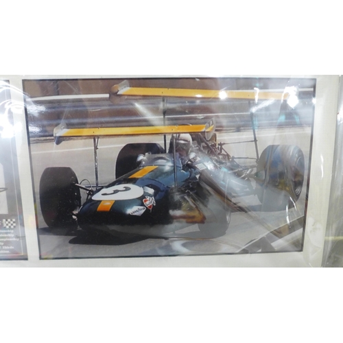 776 - Three motor racing autograph displays, Jack Brabham, John Watson and Sebastian Vettel, each with C.O... 