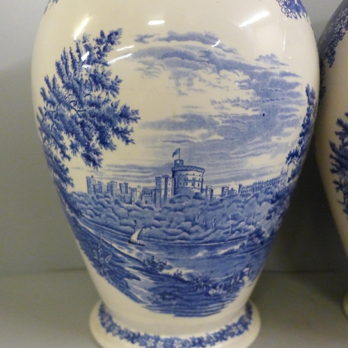 780 - A pair of Wedgwood Windsor Castle blue and white vases, 32cm