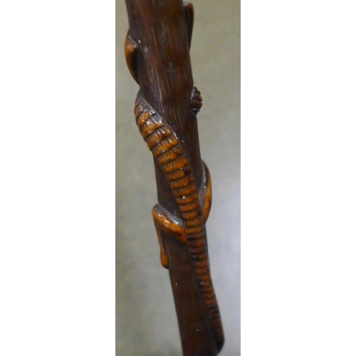 783 - A carved wooden walking stick, tropical hardwood, decorated with snakes, lizards, birds and mythical... 