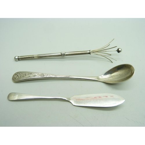 801 - A silver swizzle stick, a silver spoon and a silver butter knife, 26g