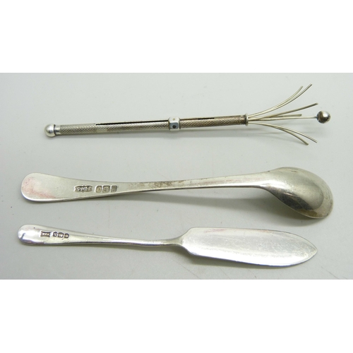 801 - A silver swizzle stick, a silver spoon and a silver butter knife, 26g