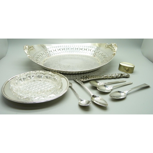 814 - Three silver spoons, 37g, together with a collection of silver plated items including a mother of pe... 