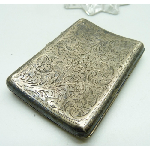 815 - A silver cigarette case, 61g, a/f and a silver rimmed scent bottle, a/f (glass chipped)