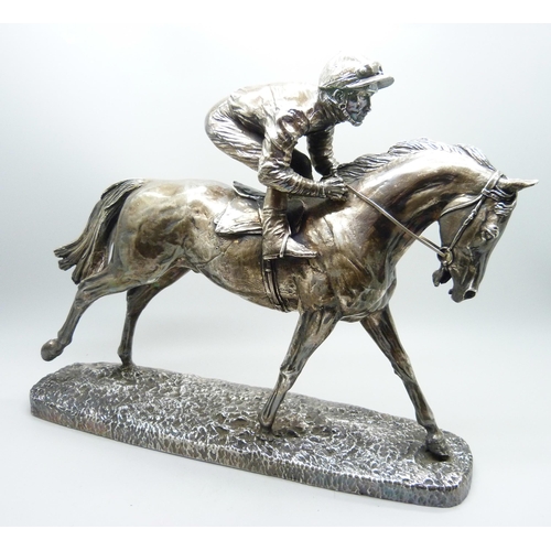 816 - A hallmarked silver model of a racehorse and jockey, resin filled, Sheffield 1997, base 26.5cm x 6.8... 