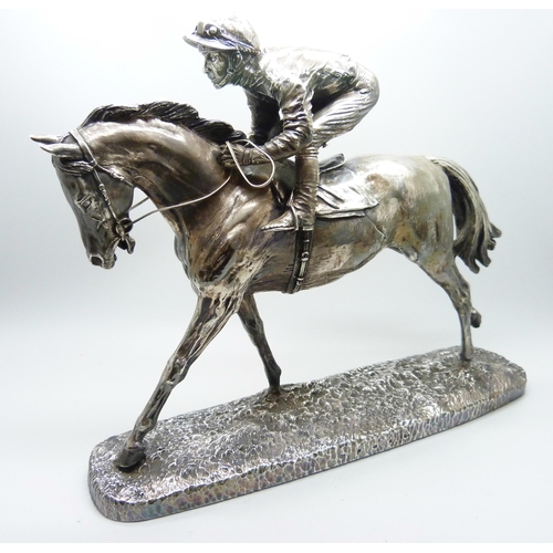 816 - A hallmarked silver model of a racehorse and jockey, resin filled, Sheffield 1997, base 26.5cm x 6.8... 