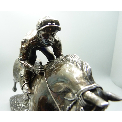 816 - A hallmarked silver model of a racehorse and jockey, resin filled, Sheffield 1997, base 26.5cm x 6.8... 