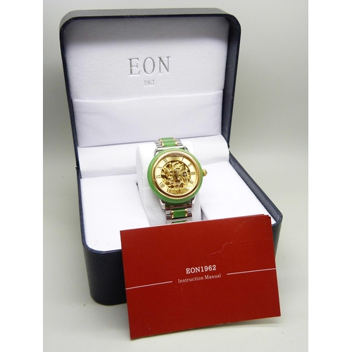 817 - An Eon wristwatch with jade bezel and jade inset to bracelet strap, skeleton movement, 44mm includin... 