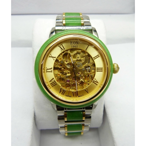 817 - An Eon wristwatch with jade bezel and jade inset to bracelet strap, skeleton movement, 44mm includin... 