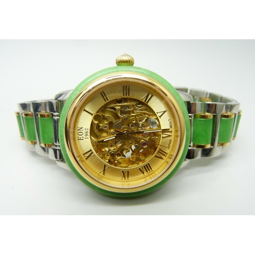 817 - An Eon wristwatch with jade bezel and jade inset to bracelet strap, skeleton movement, 44mm includin... 