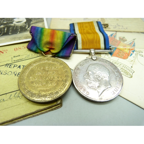 822 - A pair of WWI medals to 2/LIEUT. L. Townsend R.A.F. and ephemera related to Private 18374 Cyril Gunn... 