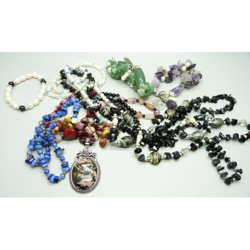 835 - Four gemstone bracelets and five necklaces