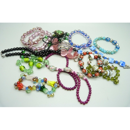 837 - Ten glass bead and other bracelets and three necklaces