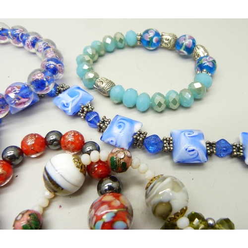 837 - Ten glass bead and other bracelets and three necklaces