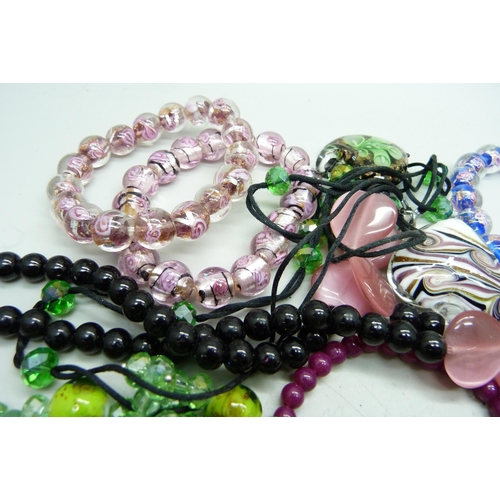 837 - Ten glass bead and other bracelets and three necklaces