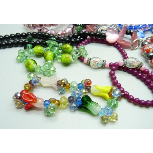 837 - Ten glass bead and other bracelets and three necklaces