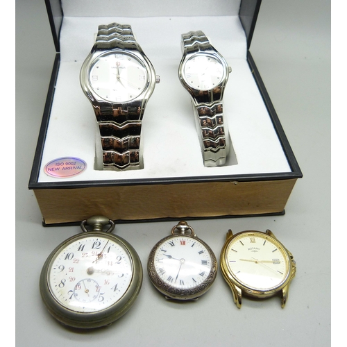 852 - Assorted watches including a lady's silver fob watch and a matching Swiss Hills lady's and gentleman... 