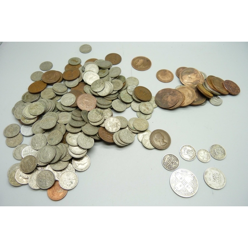 861 - A one florin coin, 1923 shilling, 1916, 1937 and 1943 sixpence coins and a 1920 threepence, together... 