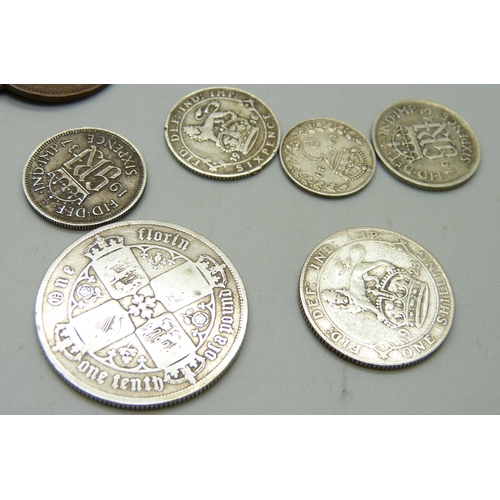 861 - A one florin coin, 1923 shilling, 1916, 1937 and 1943 sixpence coins and a 1920 threepence, together... 