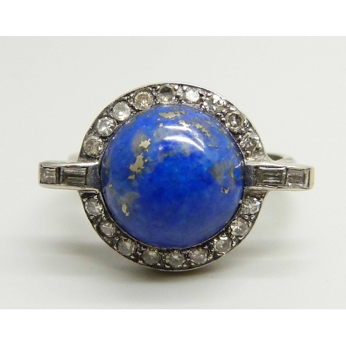 872 - An 18ct white gold Art Deco style lapis lazuli and diamond ring, 7.1g, U