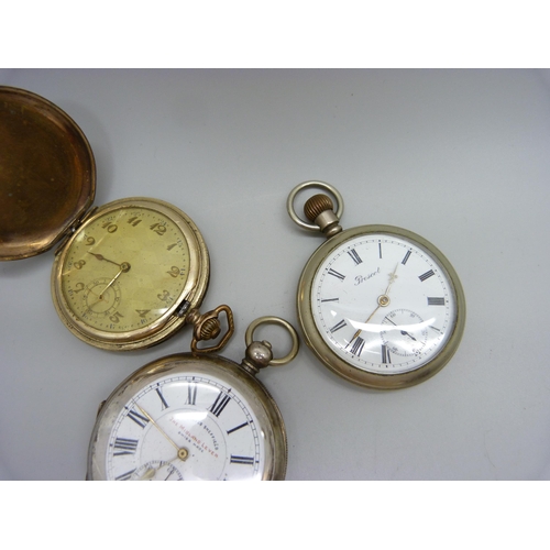 883 - A gold plated full hunter pocket watch in an engine turned case (closure a/f), a .935 silver cased J... 