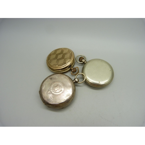 883 - A gold plated full hunter pocket watch in an engine turned case (closure a/f), a .935 silver cased J... 