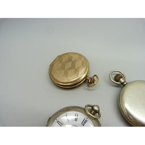 883 - A gold plated full hunter pocket watch in an engine turned case (closure a/f), a .935 silver cased J... 