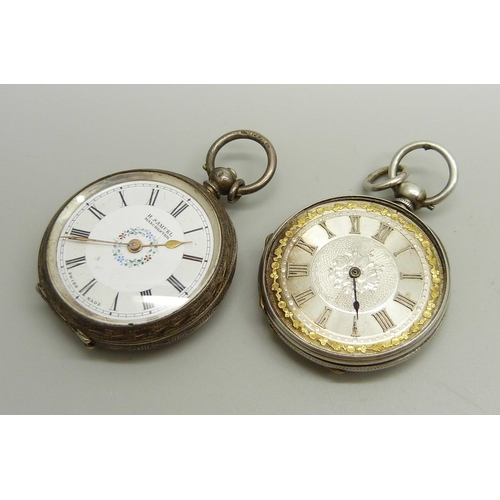 887 - A .935 silver cased H. Samuel fob watch and a white metal cased fob watch (lacking glass and hand mi... 