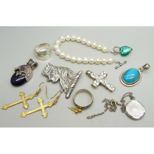 890 - A cultured pearl bracelet with silver clasp, a silver pendant set with a turquoise coloured stone, a... 