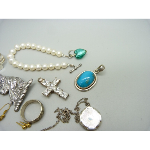 890 - A cultured pearl bracelet with silver clasp, a silver pendant set with a turquoise coloured stone, a... 