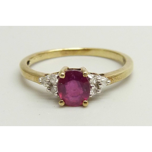 896 - A 9ct gold, ruby and diamond ring, 1.7g, O/P