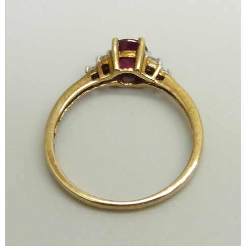 896 - A 9ct gold, ruby and diamond ring, 1.7g, O/P