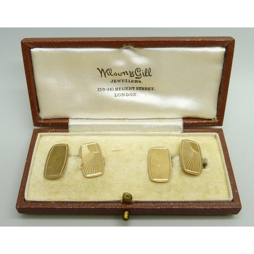 904 - A pair of 9ct gold Art Deco cufflinks in a fitted case, 4g