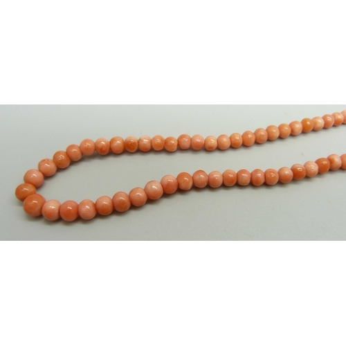 925 - A graduated coral necklace, the clasp marked 9ct, 39.5cm, 10.3g