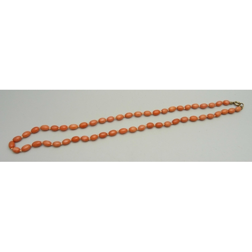 926 - A coral necklace with an unmarked yellow metal clasp, 45.5cm, 14.9g