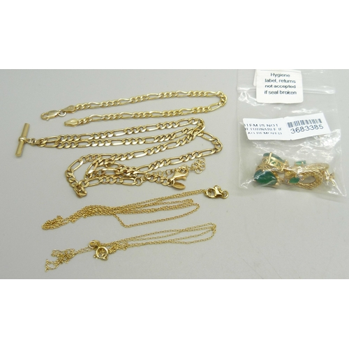 933 - A silver gilt figaro chain with T bar, a silver gilt figaro bracelet, two silver gilt chains and a p... 