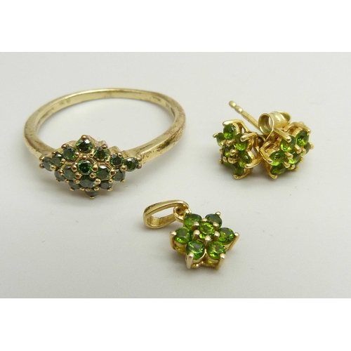 934 - A 9ct gold and green diamond cluster ring, 2.5g, U, and a pair of silver gilt earrings and matching ... 