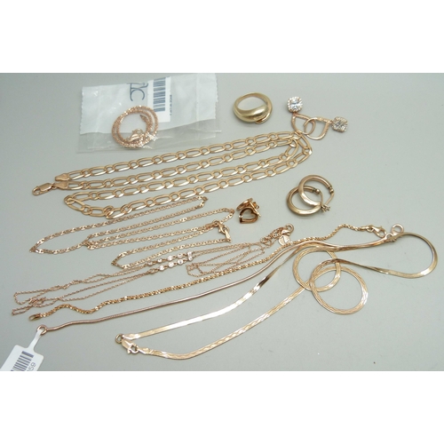 935 - Rose gold gilt silver jewellery including a figaro chain necklace, mariner link necklace, flat snake... 