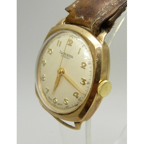 947 - A J.W. Benson gentleman's 9ct gold cased wristwatch with original purchase receipt dated 1961 and bo... 