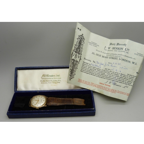 947 - A J.W. Benson gentleman's 9ct gold cased wristwatch with original purchase receipt dated 1961 and bo... 