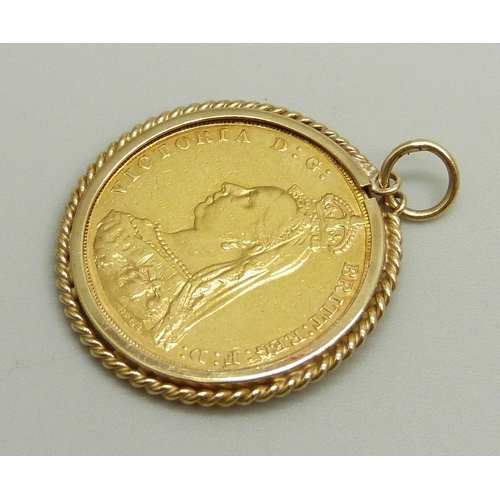 955 - An 1887 full sovereign in a yellow metal pendant mount, 9.4g