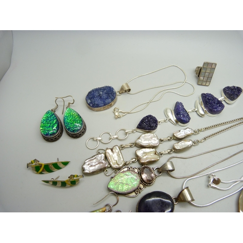 958 - A collection of silver, white metal and silver plated jewellery set with stones and abalone