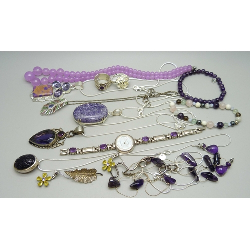 960 - A collection of silver and white metal stone set jewellery including a silver wristwatch set with am... 