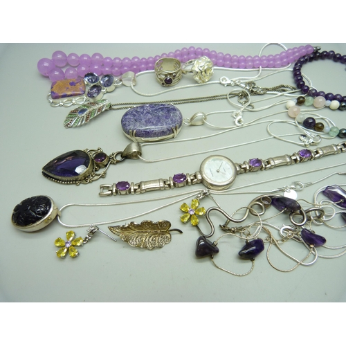 960 - A collection of silver and white metal stone set jewellery including a silver wristwatch set with am... 