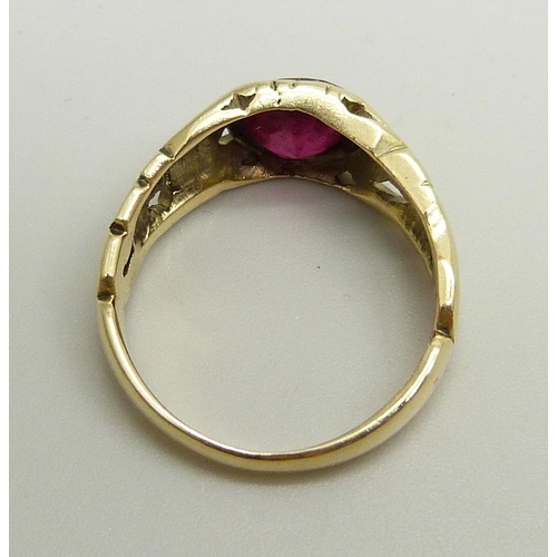 962 - A 14k gold and ruby solitaire ring, a/f, stone scratched, 4.3g, O/P