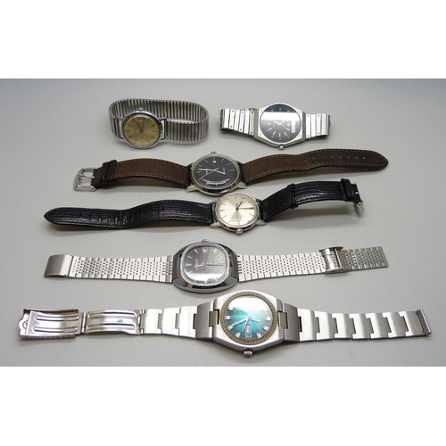 965 - Six wristwatches - Seiko, Oriosa Super Automatic, Sekonda, Consul, Timex Marlin and one other Timex