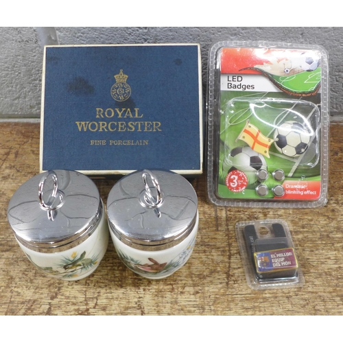 973 - Seven Wedgwood collectors plates, two Royal Worcester egg coddlers and pin badges **PLEASE NOTE THIS... 